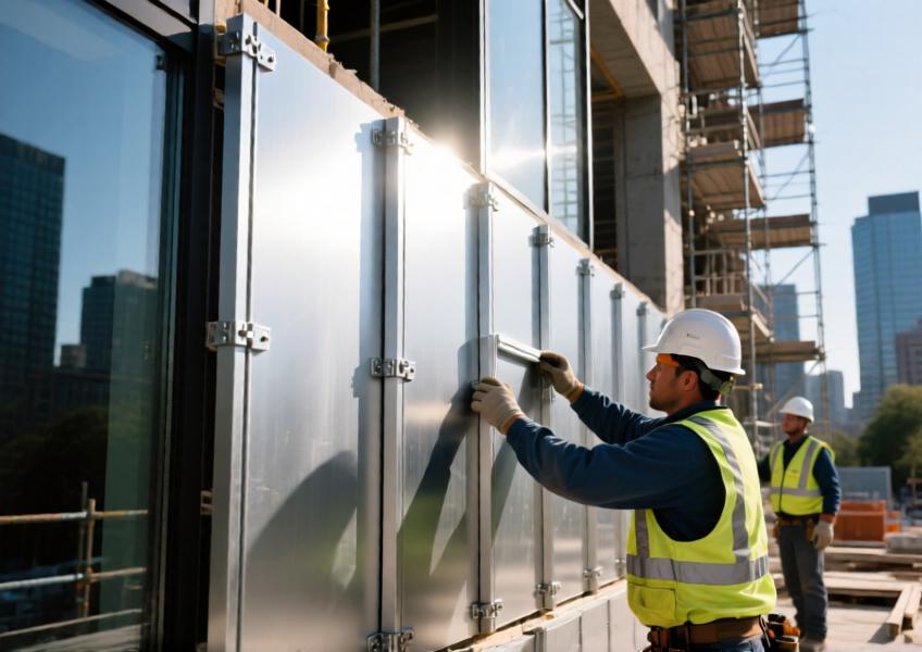 Construction-phase detail showing the ease of installation and structural precision of pressed aluminium cladding in commercial façades.