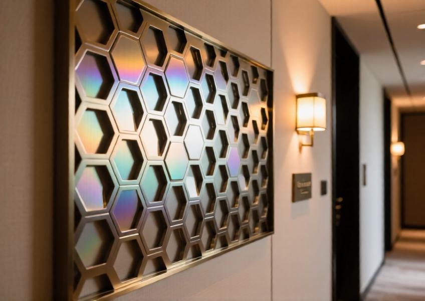 Detailed view of a perforated aluminium panel in a hospitality setting, highlighting texture, finish, and precision in a real-world application.