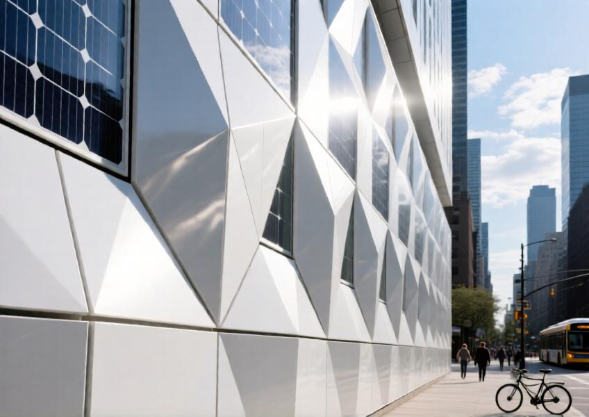 Detailed view of white aluminium cladding demonstrating texture, weather resistance, and eco-friendly properties in a bustling urban environment.