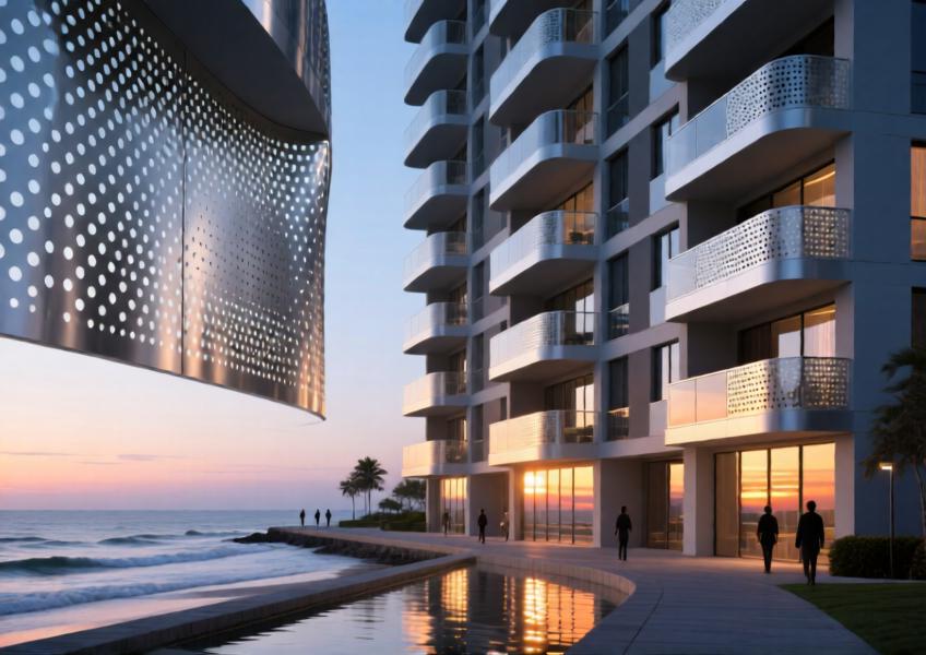 Twilight luxury tower with perforated aluminum privacy screens by the sea