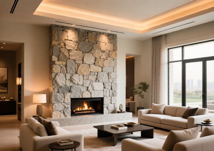 A sophisticated interior space in a UAE residence using fiber cement cladding with stone-effect finish, demonstrating its application in premium interior design projects.