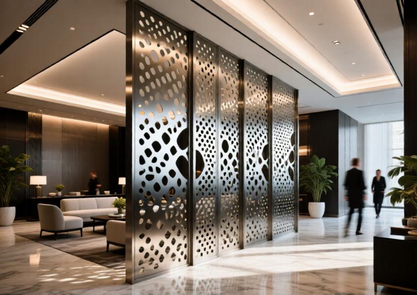 Detailed view of perforated metal panels as an interior design element, illustrating their use as decorative yet functional partitions in premium commercial spaces.