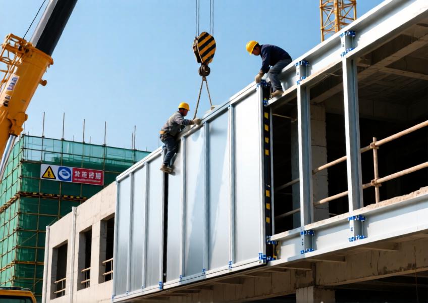 Construction phase scene demonstrating the modular installation of aluminium cladding systems in a real project.