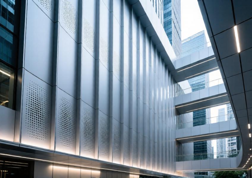 A modern commercial interior highlighting functional yet stylish composite cladding walls designed for both visual continuity and advanced environmental performance.