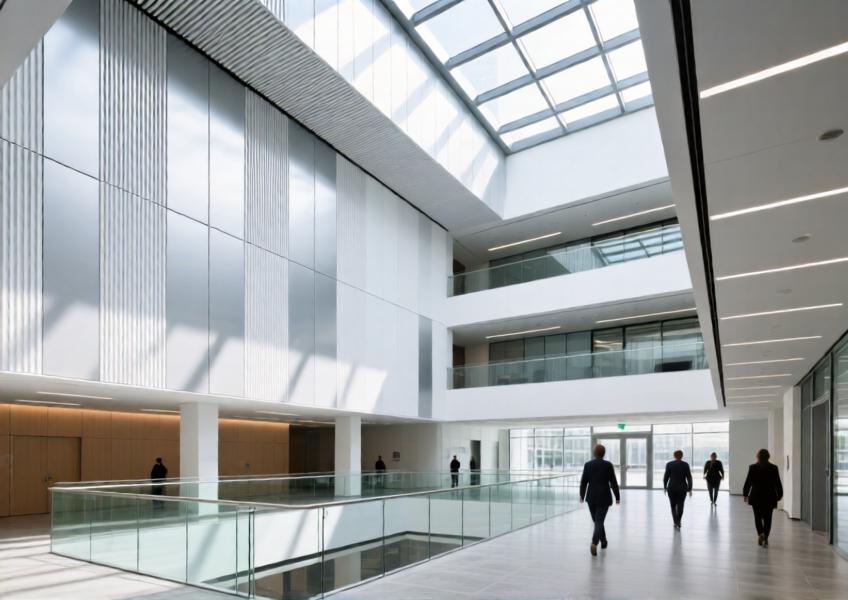 Interior atrium using architectural metal panels to create a luminous, modern environment that blends aesthetics with energy efficiency through reflective surfaces.