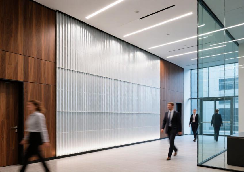 An interior view of an office lobby showcasing a corrugated aluminum feature wall integrated with wood and glass for a modern, professional aesthetic.