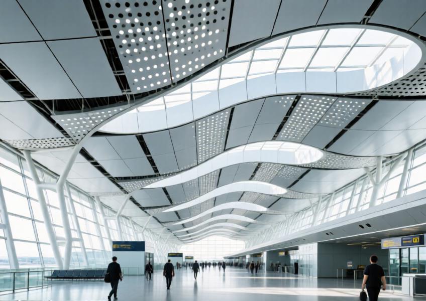 Large-scale public space illustrating the use of aluminum ceilings in architectural acoustics and design for civic infrastructure.