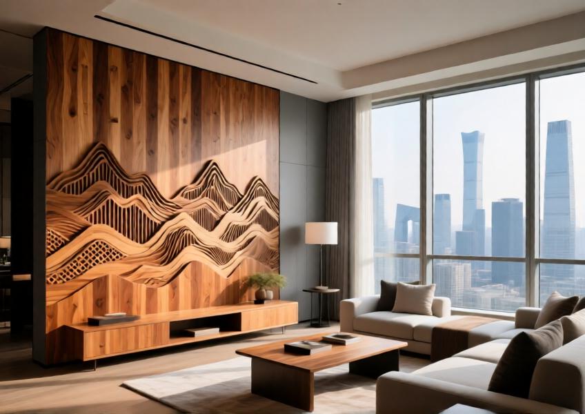 A high-end residential interior where a uniquely patterned wooden cladding wall brings organic artistry and warmth into a contemporary penthouse setting.