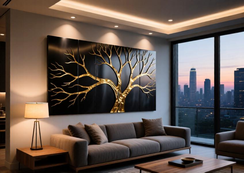 A bespoke aluminum art panel in a modern home interior, illustrating its role in personalizing residential spaces with elegant, sustainable design.