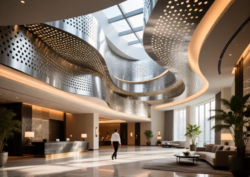 An interior shot of a high-end hotel lobby using perforated aluminium panels to create an open, luminous atmosphere with controlled acoustics and visual rhythm.