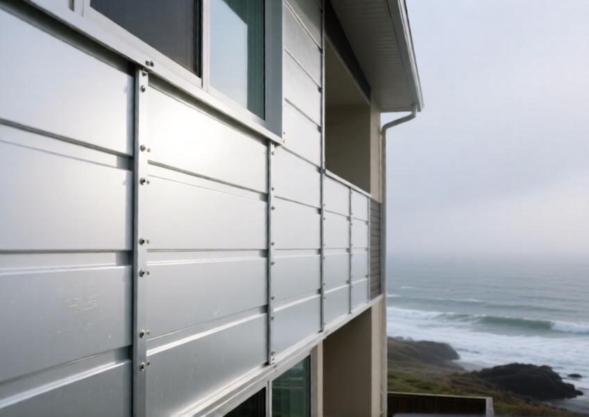 Detailed view of weather-resistant metal cladding on a coastal building, highlighting performance features like corrosion protection and suitability for extreme environments.
