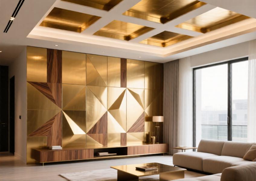 High-end residential interior using custom-colored aluminum sheets for decorative walls and ceiling accents, blending modern minimalism with refined elegance.