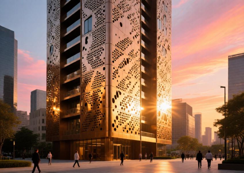A residential high-rise with artistic perforated aluminum cladding that transforms its appearance with changing sunlight, capturing the poetic and performative qualities of modern facade design.