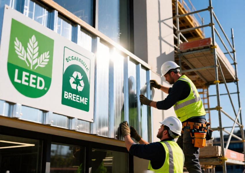 Detail scene of eco-conscious installation of recyclable aluminium cladding, emphasizing sustainability and compliance with green building standards.