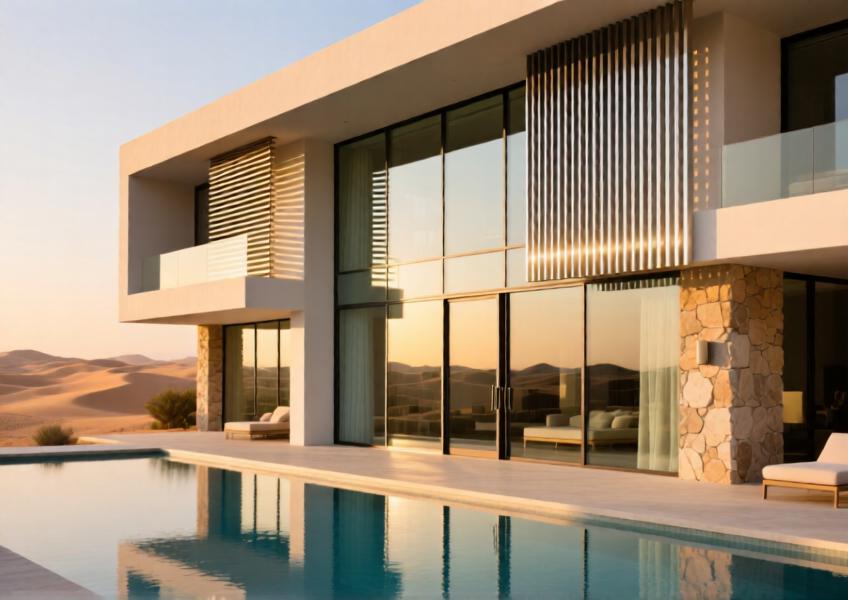 High-end villa in Dubai featuring sleek aluminum glazing systems and custom sunscreens that blend indoor and outdoor living spaces.