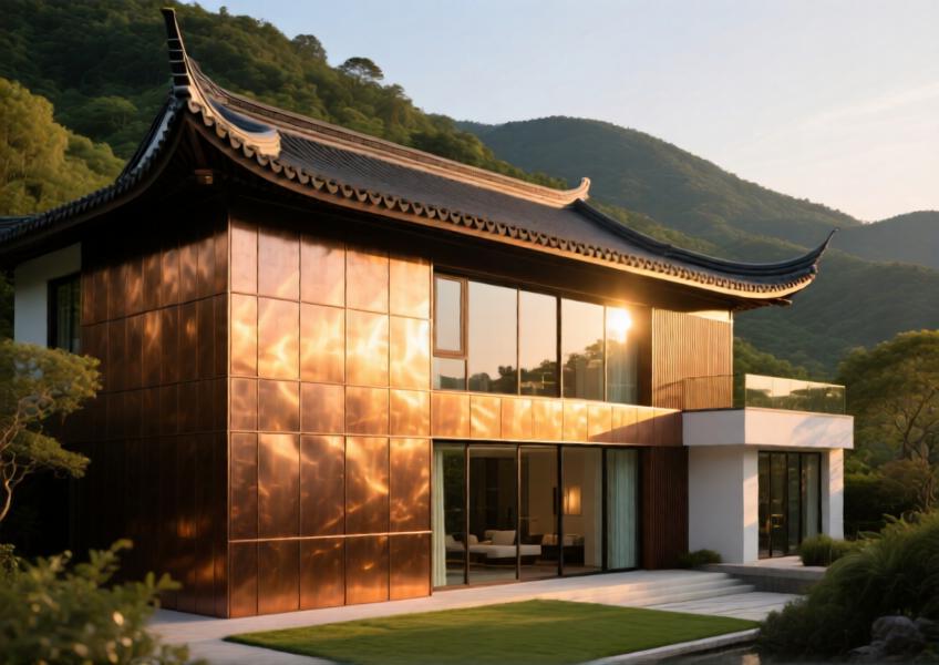 A high-end residential villa showcasing a culturally inspired aluminum cladding exterior with warm bronze tones in a scenic natural environment.