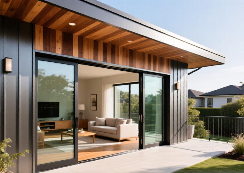 Interior space featuring wood aluminum siding in a seamless indoor-outdoor design, highlighting thermal and acoustic performance with elegant material contrast.