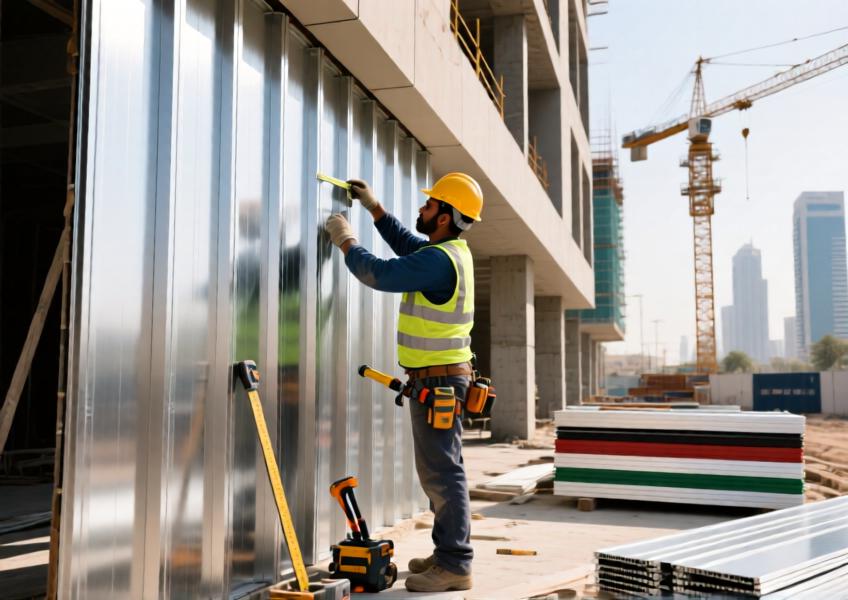 A realistic scene capturing the installation process of aluminium sheets on a commercial building, emphasizing craftsmanship, material properties, and construction dynamics in the UAE’s architectural landscape.