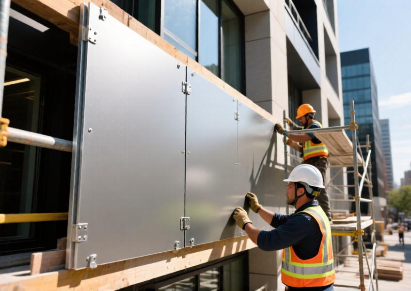 Detail scene of flat aluminum sheet installation, illustrating the practical advantages of lightweight handling, precise fabrication, and efficient on-site assembly in architectural projects.