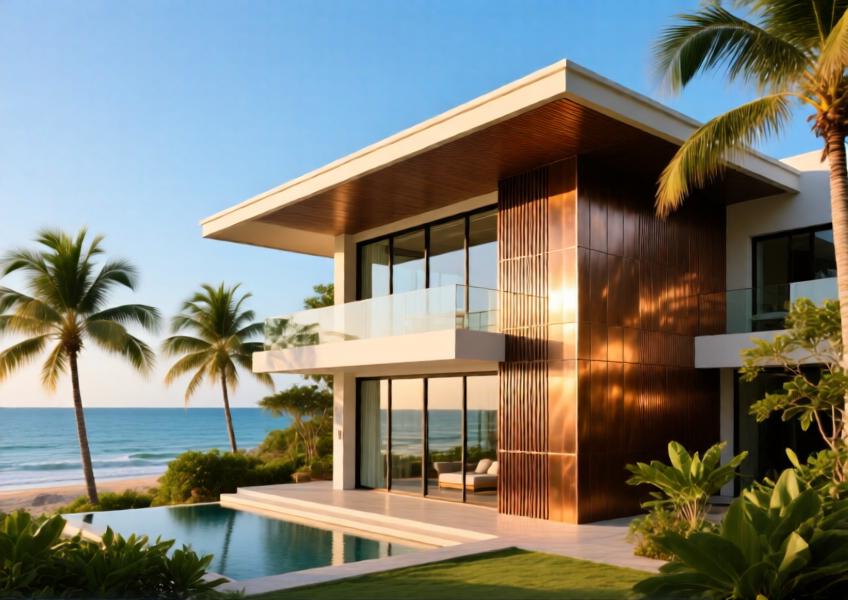 Coastal luxury home with durable, anodized aluminium cladding in a tropical setting.