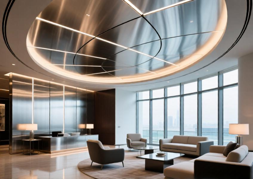 A premium interior space using custom-shaped aluminium cladding for aesthetic and functional design elements.
