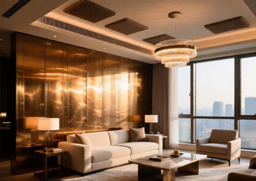 Interior view of a high-end residential space with a brushed bronze metal siding feature wall, highlighting its aesthetic and acoustic benefits in luxury interior design.