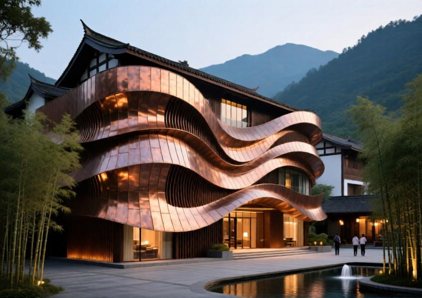 A Chengdu boutique hotel with a sculptural, wave-like metal facade made from custom-formed panels.