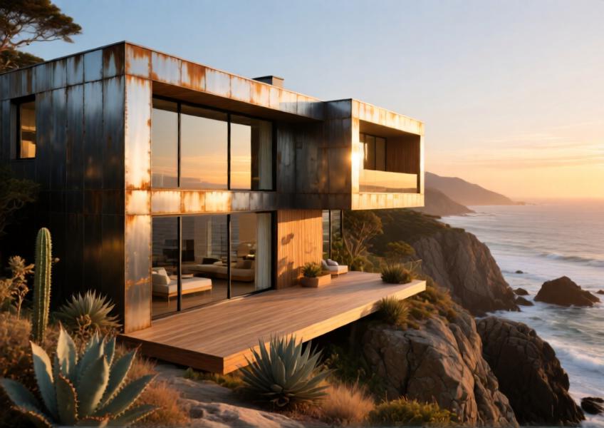 A high-end residential villa using durable marine-grade steel cladding in a coastal environment, emphasizing minimalism and longevity.