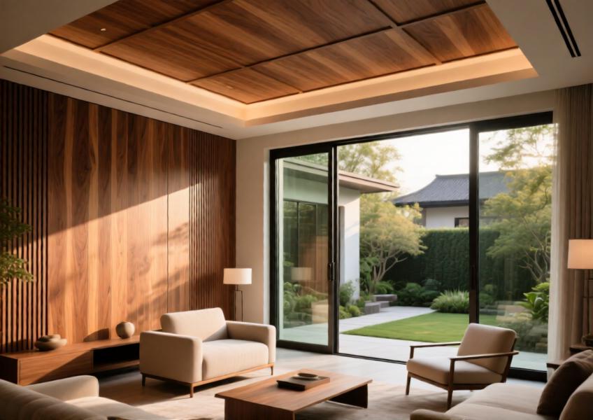 Luxury residential interior with wood look cladding on walls and ceilings, enhancing a minimalist space with organic warmth and seamless outdoor integration.