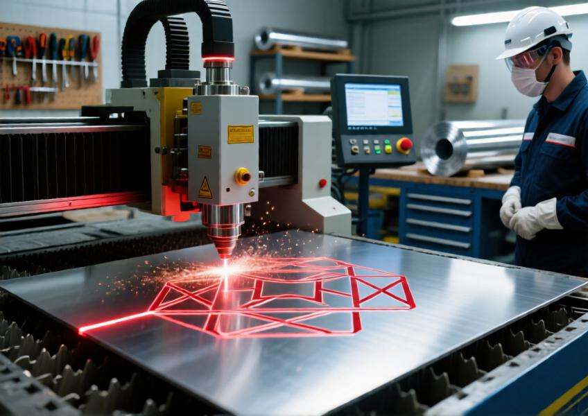 Detail of a 3mm aluminium sheet being CNC laser-cut with high precision, illustrating the advanced fabrication process enabling complex architectural designs.