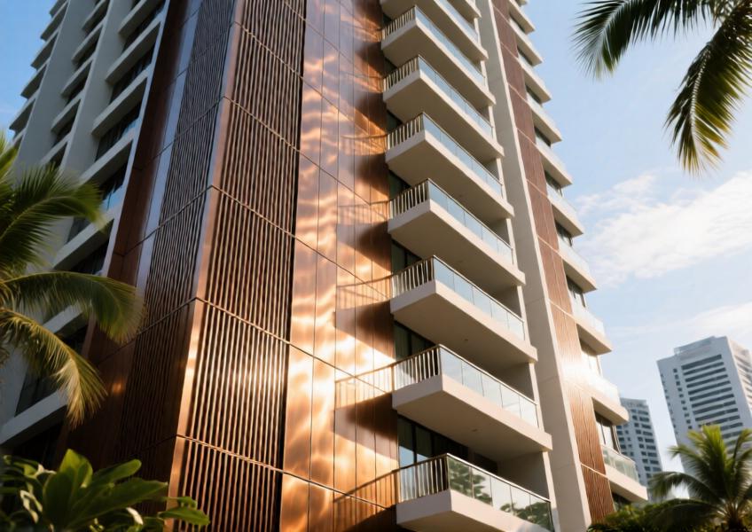 A detailed image of a high-end residential tower using textured metal cladding that responds to changing light, illustrating aesthetic sophistication and climate adaptation.