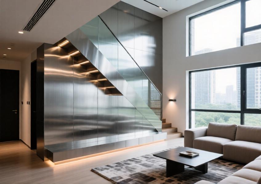 Residential interior featuring a stainless-steel wall panel as a modern architectural accent in a stylish, light-filled home.
