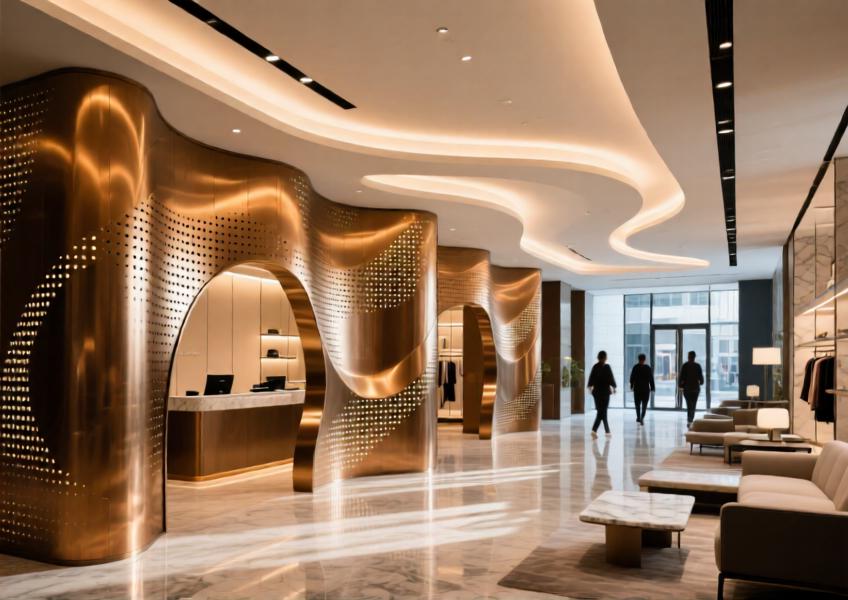 Interior scene of a retail space using bronze-finished aluminium perforated panels as decorative and functional room dividers.