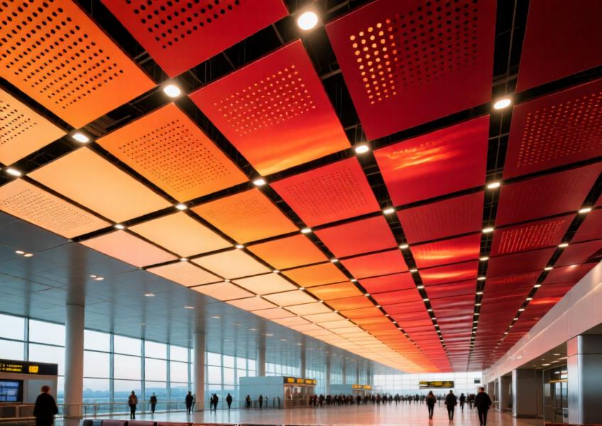Interior ceiling design using gradient-colored aluminum sheets to create a dynamic sunset-like visual effect in a large public space.