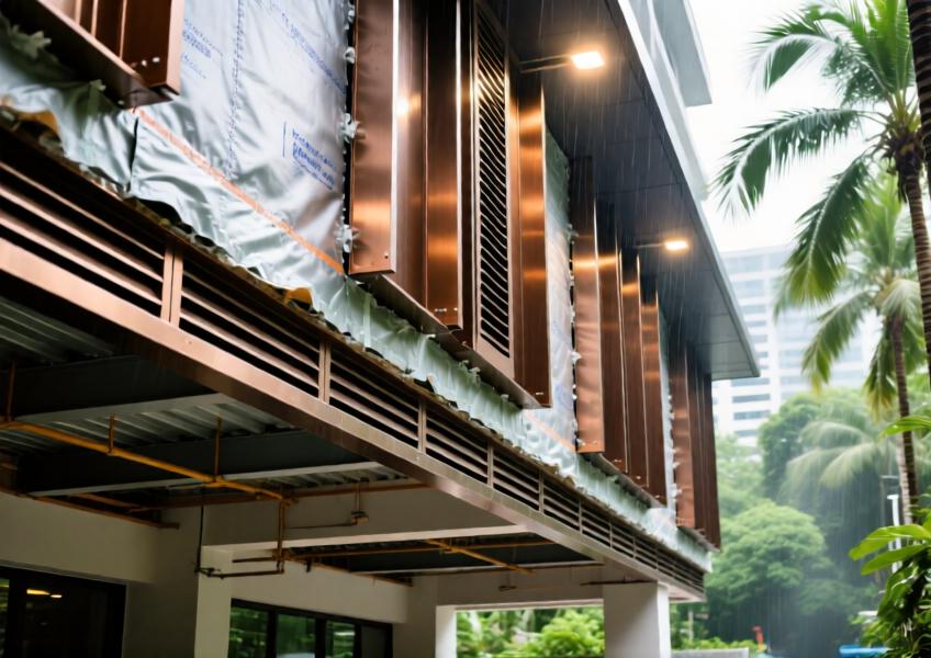 Detailed close-up of a metal rainscreen facade installation, illustrating the functional layers and corrosion-resistant finishes used in humid, coastal climates.