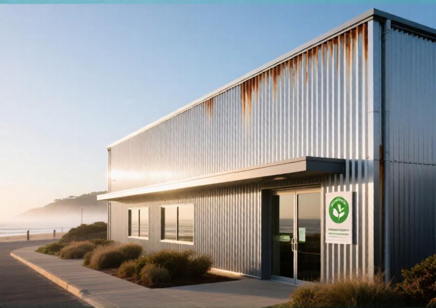 Durable metal cladding on a coastal commercial building designed to withstand harsh marine conditions, illustrating material resilience and environmental adaptation.