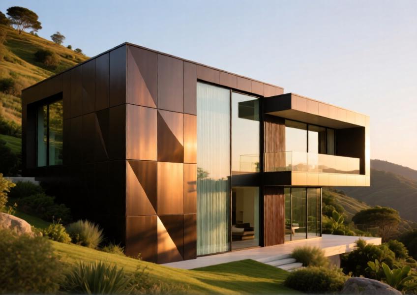 Luxury villa with exterior metal cladding combined with green walls, illustrating personalized finishes and the fusion of nature with contemporary residential architecture.