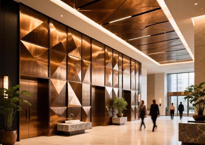 Elegant corporate lobby showcasing decorative and durable painted aluminum sheets in a high-end interior setting.