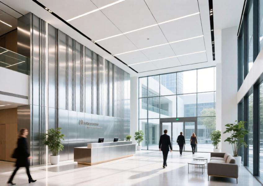 An interior view of a commercial space using aluminium cladding to enhance lighting and aesthetics, illustrating its application and benefits in high-traffic indoor environments.