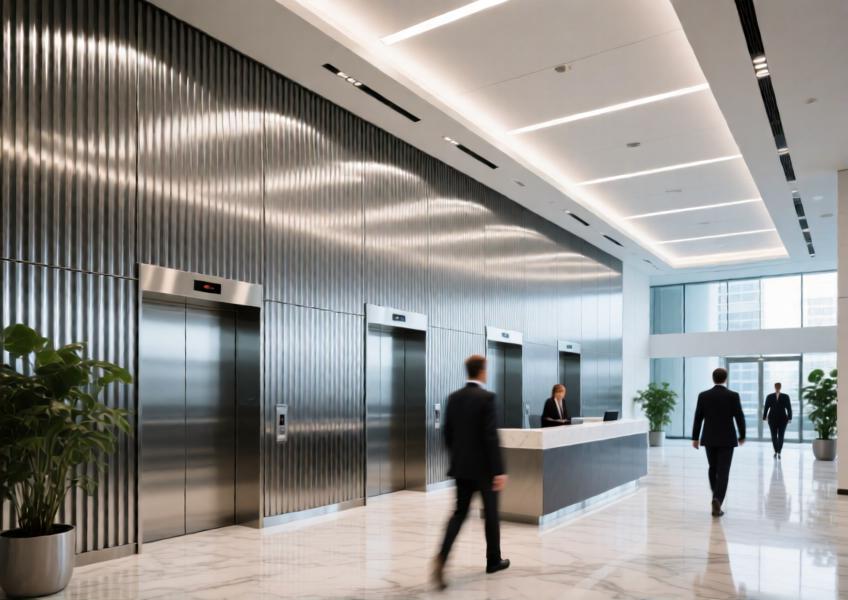 Contemporary office lobby featuring textured anodized aluminum wall panels for a dynamic, professional aesthetic.