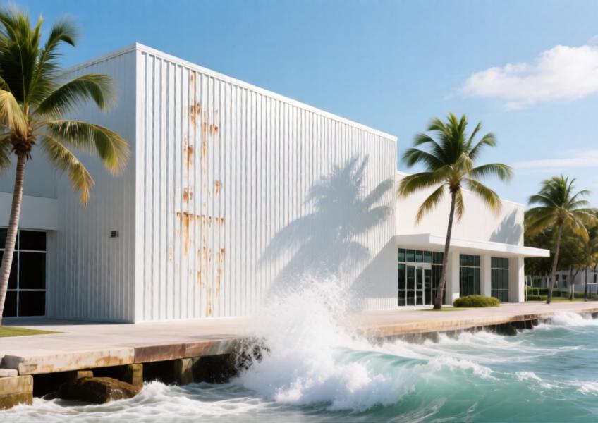 Durable, corrosion-resistant aluminum facade on a Miami commercial building in a coastal environment.