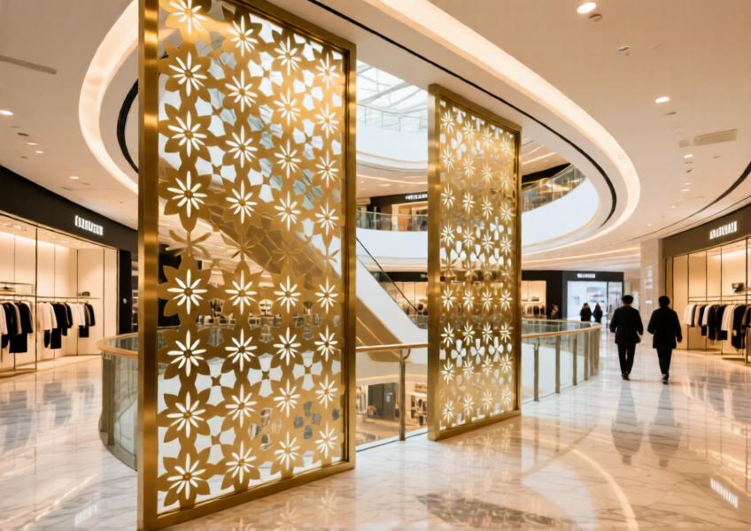 Commercial interior space using perforated aluminum panels as stylish partitions that balance visual connection, light flow, and acoustic privacy.