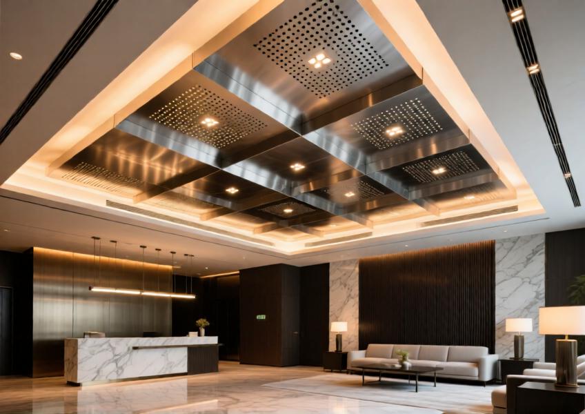 Interior ceiling design using brushed aluminium sheets in a high-end hospitality space, combining functionality with modern aesthetics.