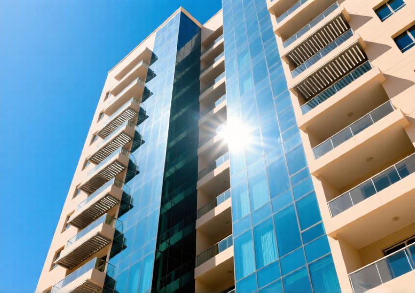 Detailed image of an energy-efficient double-skin curtain wall on a Dubai residential tower, emphasizing solar control and thermal performance in a desert climate.