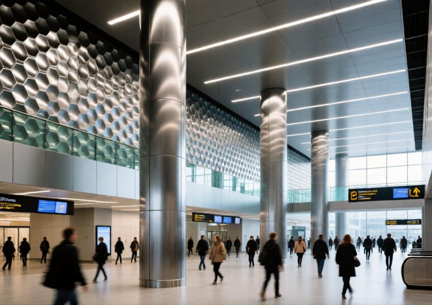 Public transportation interior utilizing anodized aluminum decorative sheet metal for both aesthetic appeal and long-term durability in a high-traffic environment.