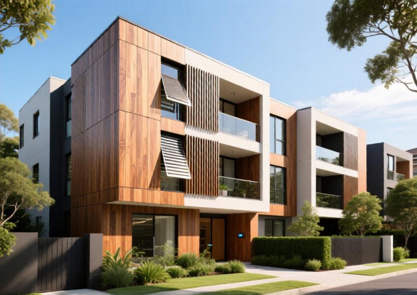 A luxury residential building in Sydney featuring aluminum cladding with a wood-grain finish and integrated smart shading systems.