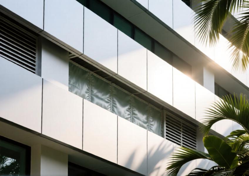 A detailed, realistic close-up of an aluminum cladding system designed for thermal efficiency in a hot, humid climate.