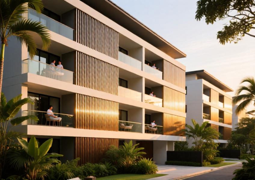High-end residential building with horizontal aluminium batten cladding glowing in warm sunset light, demonstrating aesthetic integration in a tropical urban setting.