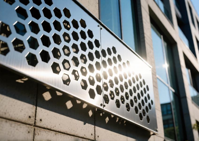 Detailed close-up illustrating the craftsmanship, material quality, and light-modulating effect of perforated aluminium panels in architectural application.
