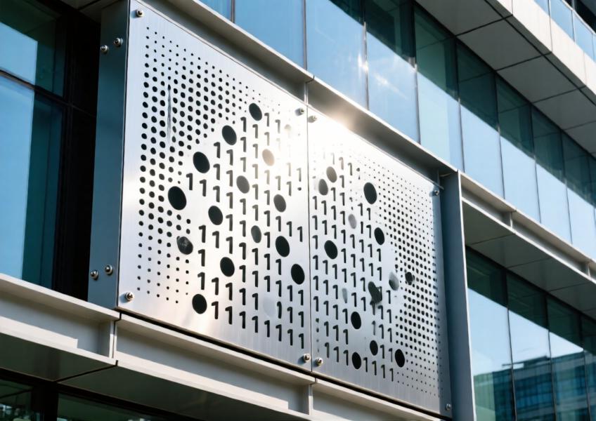 Detailed view of a custom-designed perforated aluminium panel with a digital-inspired pattern used on a tech campus façade.